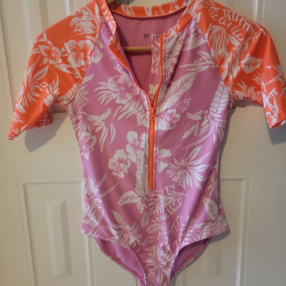 GAP Vibrant Pink and Orange Rashguard with Floral Design